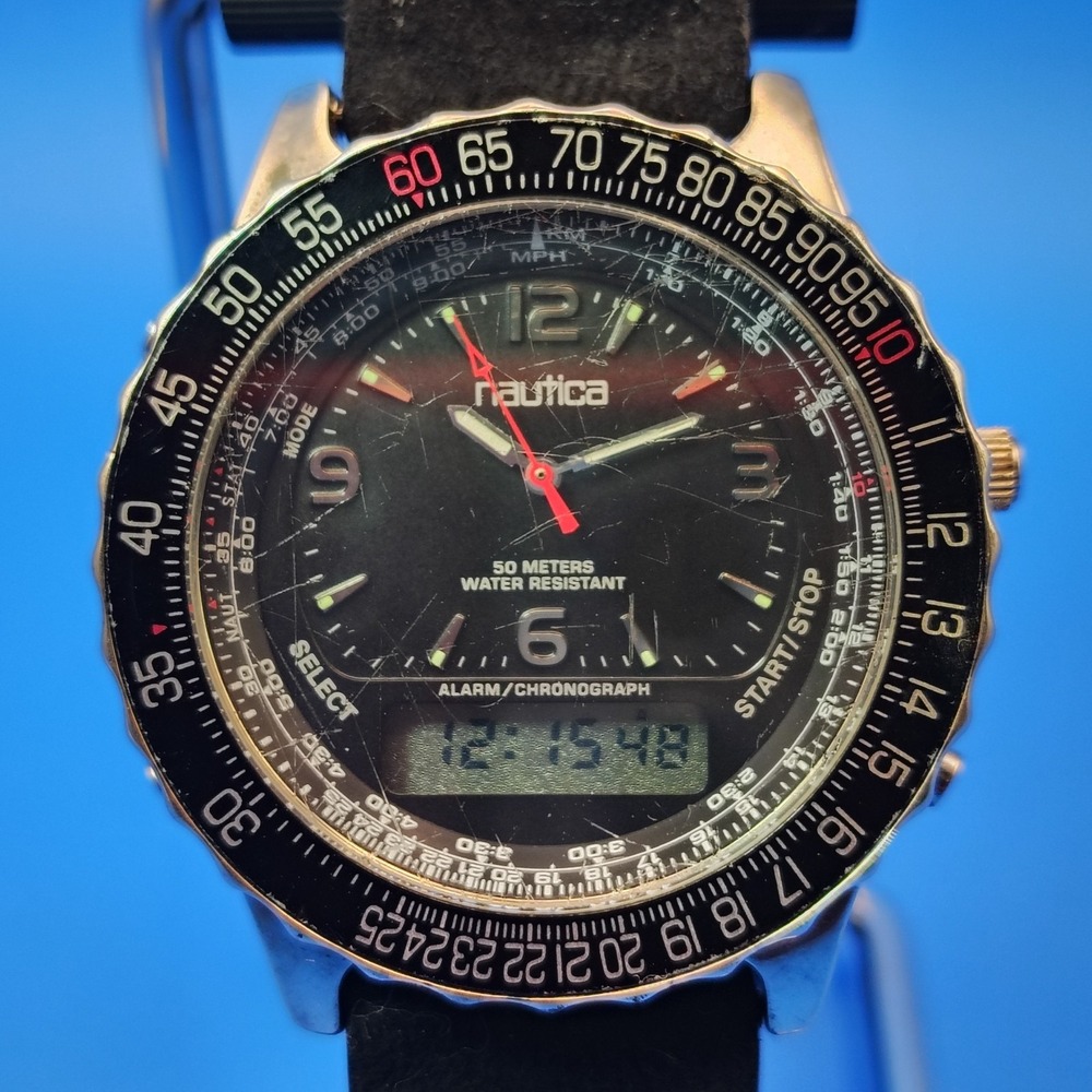 Vintage 1998 Nautica Dual Time Ana-Digi 44mm Mens Quartz Sports Watch Restored